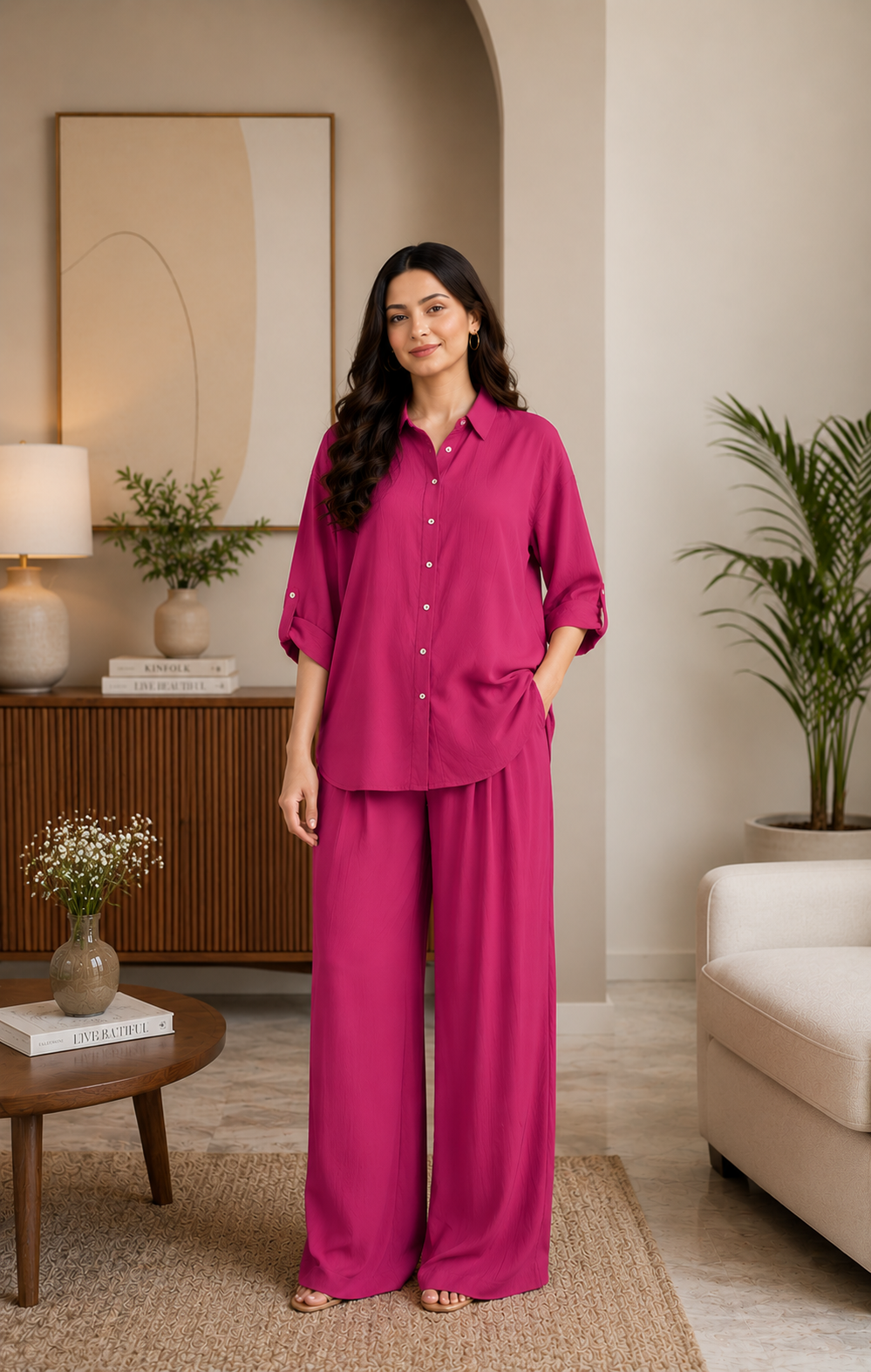 Magenta Solid Rayon Co-ord Set