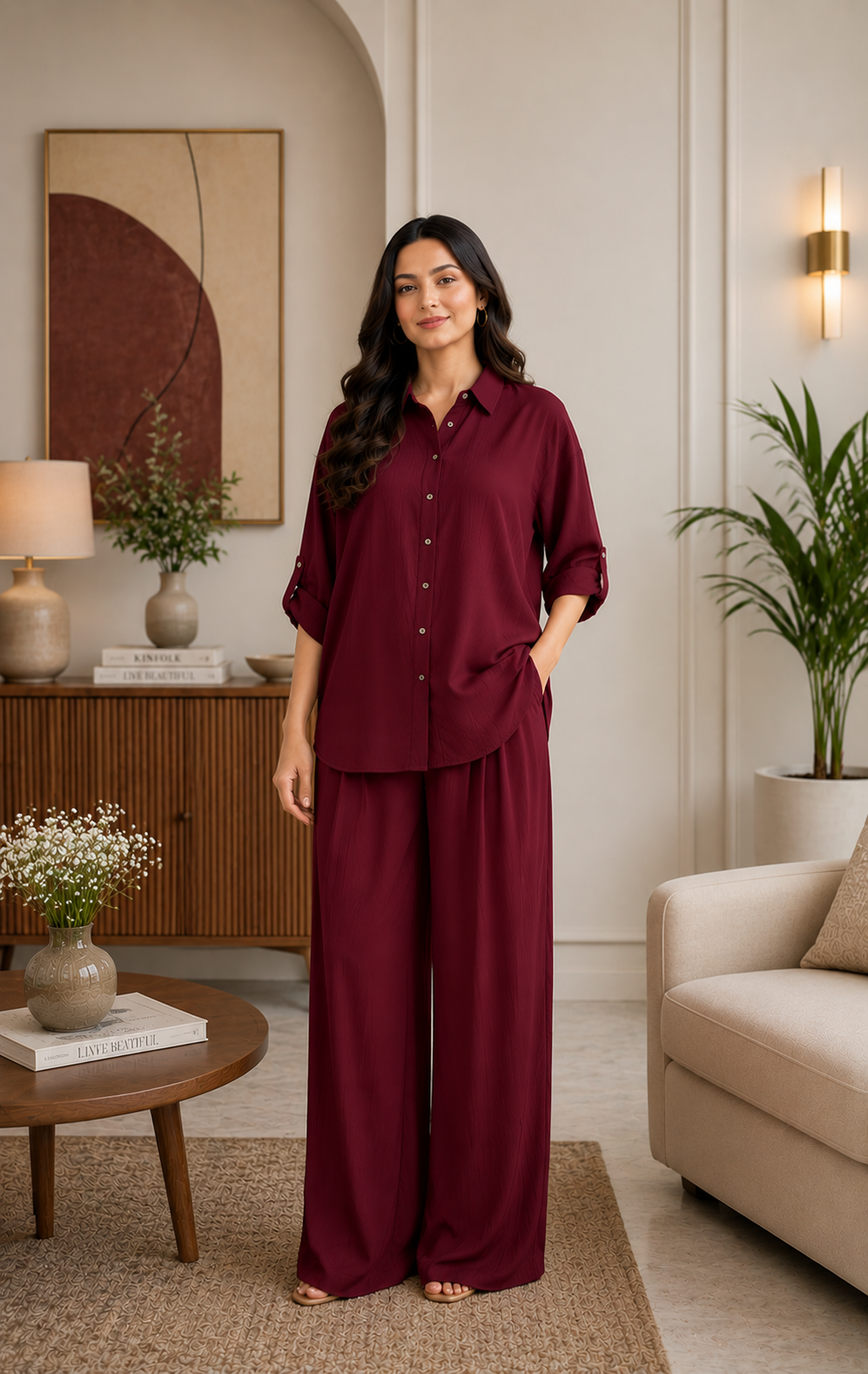 Maroon  Solid Rayon Co-ord Set