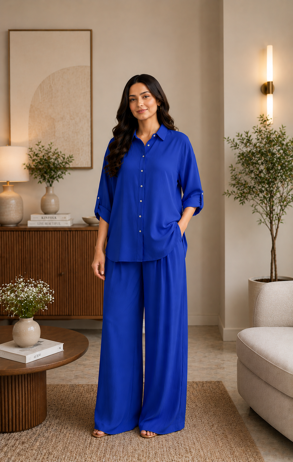 Royal Blue Solid Rayon Co-ord Set