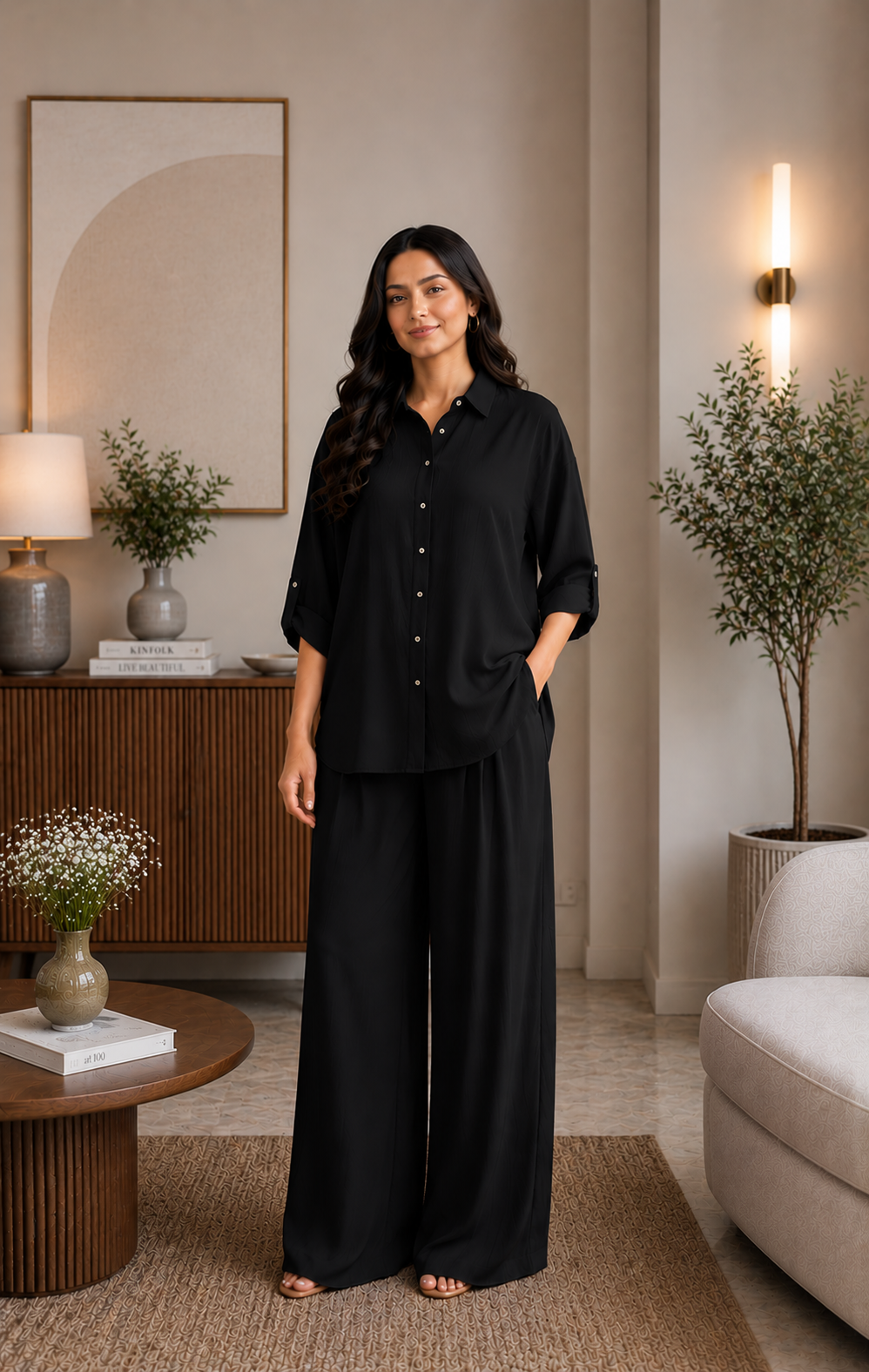 Black Solid Rayon Co-ord Set
