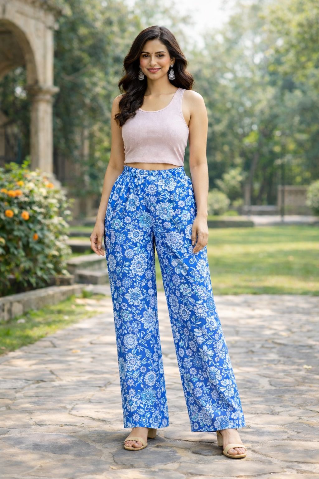 Blue Printed Rayon Flared Palazzo